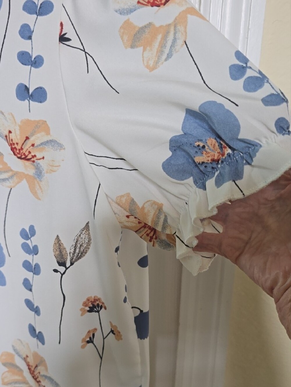 SHEIN White Floral Lace-Trim V-Neck Blouse with Blue and Peach Accents (NWOT) - Picture 2 of 7